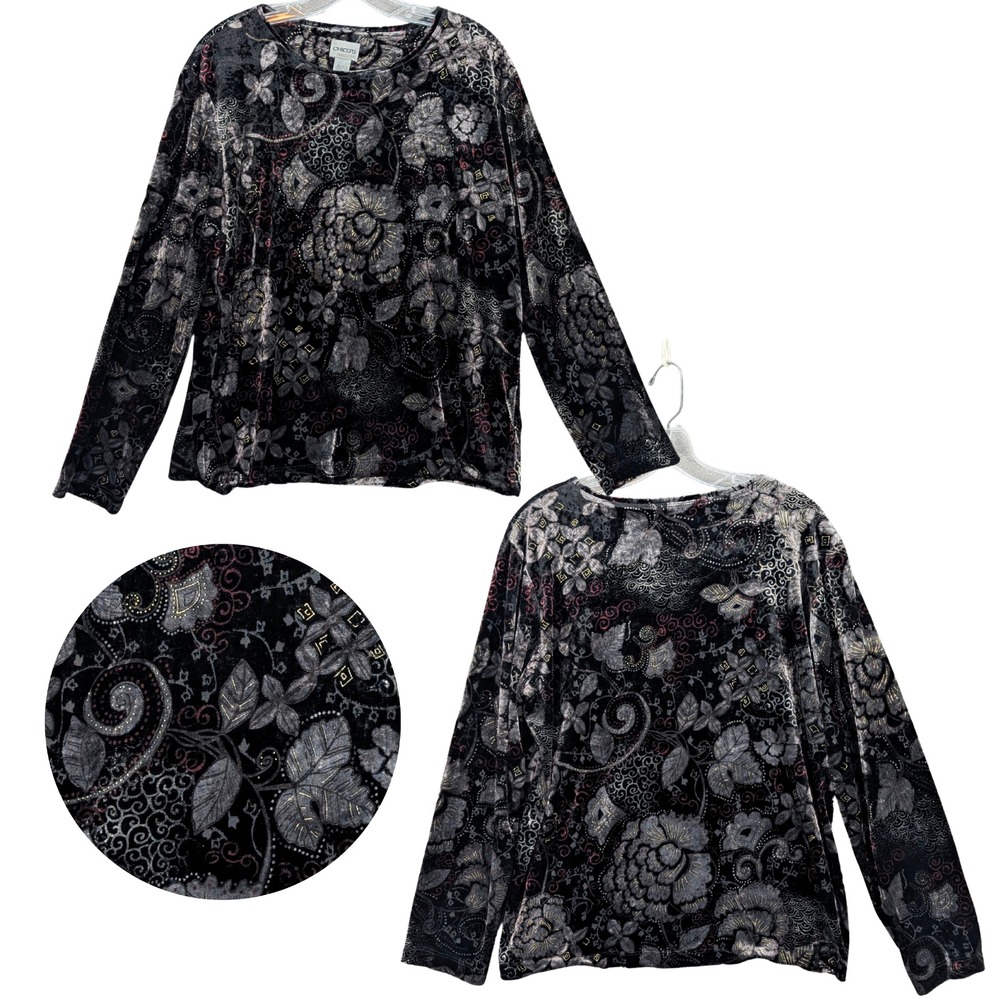 Chico's Women's Paisley Velvet Long Sleeve Top Size‎ 3 Velour Burnout Bewitched